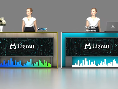 Liemu Modern Reception Desk With Circuit Board Design And City Skyline Staff 3d model