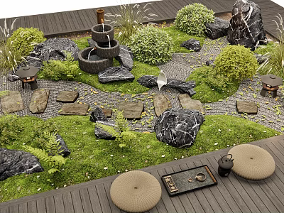 Micro Terrain Garden Design With Stones Moss Small Waterfall Stone Path And Green Plants 3d model