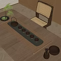 Minimalist Wooden Tea Set With Teapot Teacups Tray On Tea Table And Rattan Chair