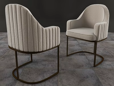 Modern Beige Upholstered Armchairs With Vertical Stripe Design And Metal Legs On Gray Tiled Floor 3d model