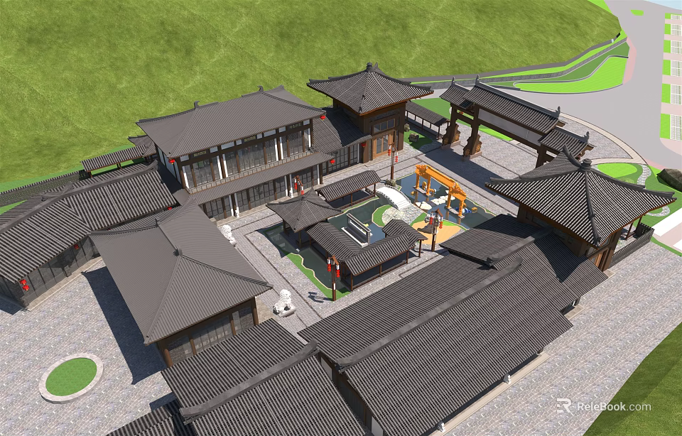 Ancient Chinese Architectural Compound With Black Tiled Roofs Courtyard And Green Lawns 3d model 