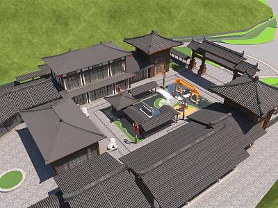 Ancient Chinese Architectural Compound With Black Tiled Roofs Courtyard And Green Lawns 3d model