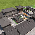Ancient Chinese Architectural Compound With Black Tiled Roofs Courtyard And Green Lawns
