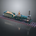 Vintage Steam Train Model With Green Locomotive And Yellow Cargo Car On Tracks