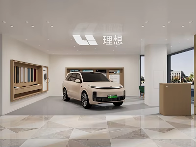 Modern Li Auto Showroom Featuring White SUV With Display Cabinets And Windows 3d model