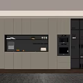 Modern Kitchen Interior With Grey Cabinets Black Countertop Glass Door Cabinets And Appliances