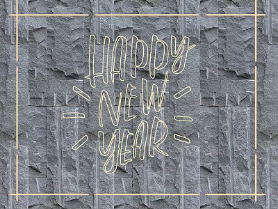Festive Happy New Year Lighting Combination With Yellow Lines On Gray Stone Wall 3d model