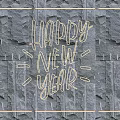 Festive Happy New Year Lighting Combination With Yellow Lines On Gray Stone Wall