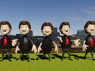 Cartoon Game Movie Characters Wearing Black Suits Red Ties On Green Grass With City Skyline 3d model
