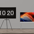 Two Modern Televisions With Tripod Stands Digital Display And Colorful Abstract Screen