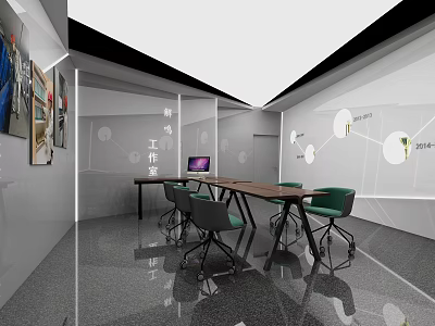 Modern Public Office Space Interior Design With Conference Table Green Chairs And Wall Charts 3d model