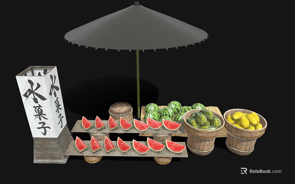 Fresh Colorful Fruit Stall Display With Watermelon Slices Lemons Cucumbers And Wooden Baskets Under Umbrella 3d model 