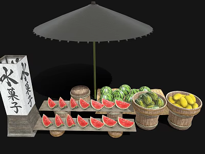 Fresh Colorful Fruit Stall Display With Watermelon Slices Lemons Cucumbers And Wooden Baskets Under Umbrella 3d model