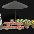 Fresh Colorful Fruit Stall Display With Watermelon Slices Lemons Cucumbers And Wooden Baskets Under Umbrella