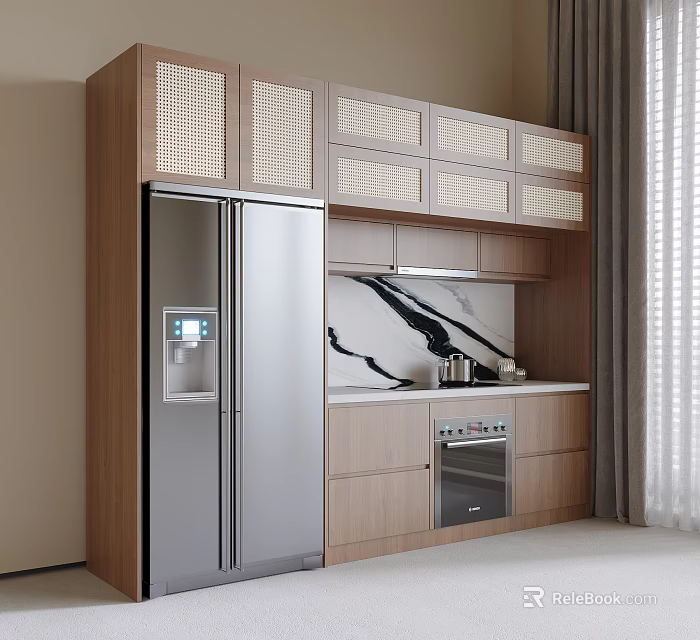 Contemporary Kitchen With Wooden Cabinets Stainless Steel Fridge And Marble Backsplash 3d model 