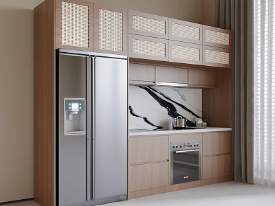Contemporary Kitchen With Wooden Cabinets Stainless Steel Fridge And Marble Backsplash 3d model