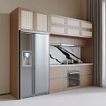 Contemporary Kitchen With Wooden Cabinets Stainless Steel Fridge And Marble Backsplash