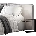 Minimalist Double Bed With White Bedding Gray Striped Blanket And Upholstered Headboard