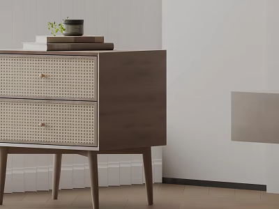 Modern Wooden Bedside Table With Two Rattan Panel Drawers And Stack Of Books On Top 3d model