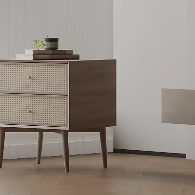 Modern Wooden Bedside Table With Two Rattan Panel Drawers And Stack Of Books On Top 3d model