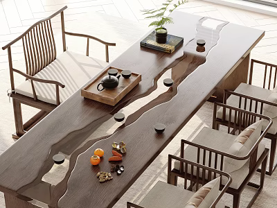 Chinese Style Solid Wood Tea Table and Chairs with Tea Set Fresh Fruits Potted Plant 3d model
