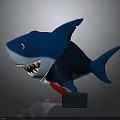 Blue 3D Shark Model With Open Mouth Sharp Teeth Standing On Black Cube Gray Background 3d model