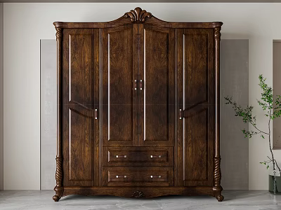Classic Dark Brown Solid Wood Wardrobe With Carved Details Double Doors And Drawers 3d model