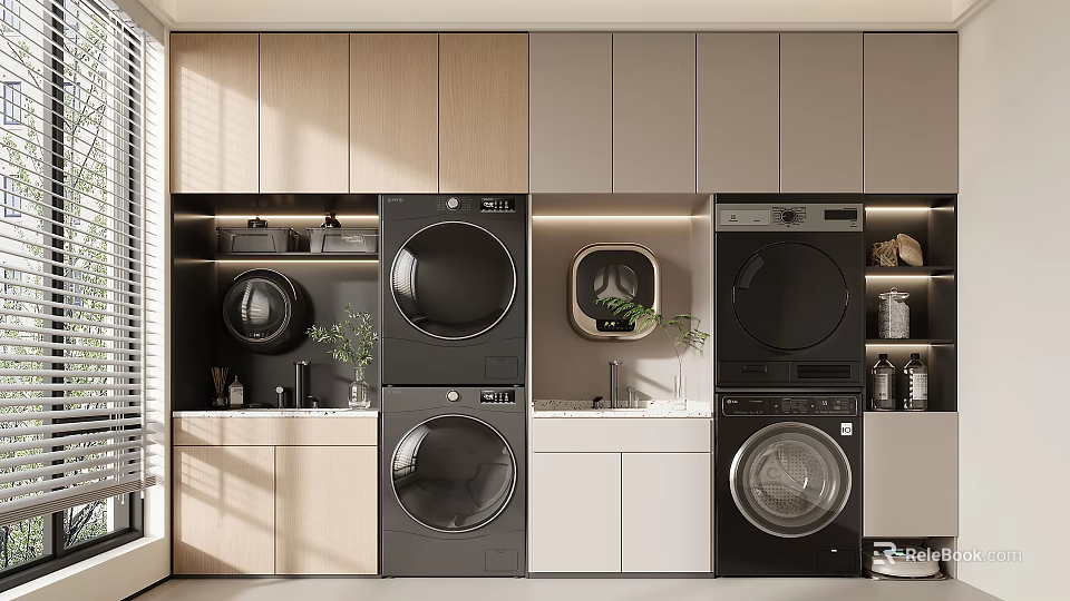 Modern Laundry Room Featuring Stacked Washer Dryer Cabinets And Potted Plants 3d model 