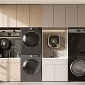 Modern Laundry Room Featuring Stacked Washer Dryer Cabinets And Potted Plants