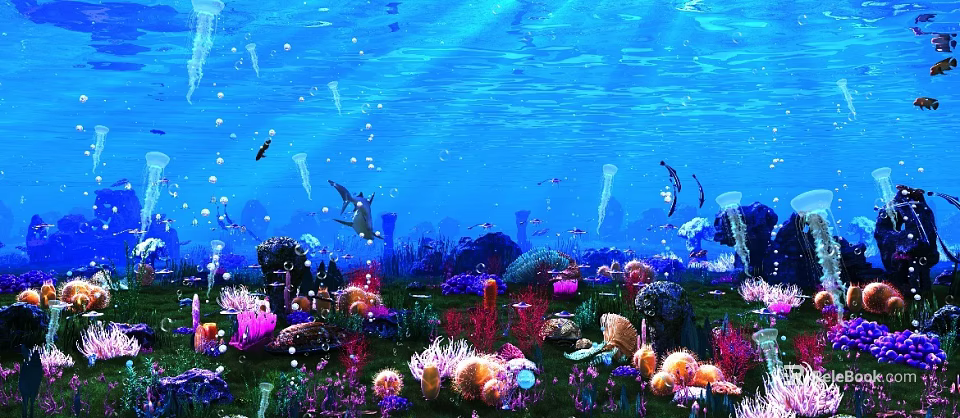 Aquatic Animals Swimming In Underwater Ecosystem With Colorful Corals And Marine Plants 3d model 