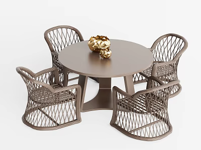 Stylish Rattan Table And Chair Set With Round Top And Golden Decor Accent 3d model