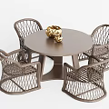 Stylish Rattan Table And Chair Set With Round Top And Golden Decor Accent