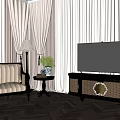 Elegant TV Cabinet In Living Room With Striped Chair Side Table Lamp Plant And Curtains