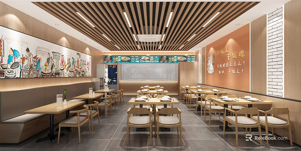 Cozy Restaurant Interior With Wooden Ceiling Decorative Paintings And Dining Tables 3d model 