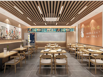 Cozy Restaurant Interior With Wooden Ceiling Decorative Paintings And Dining Tables 3d model