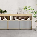 Modern Light Wood Bookcase With Grey Cabinets Books Decor And Green Plant