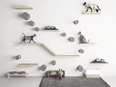 Modern Wall Mounted Cat Shelves With Perches Bed And Food Bowls For Pet Living Supplies 3d model