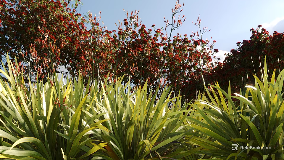 Lush Green Shrubs With Vibrant Red Foliage In Garden Landscape Under Clear Blue Sky 3d model 