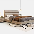 Modern Double Bed Interior With Beige Headboard Grey Bedspread Bedside Table And Hanging Lamp 3d model