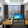 Public Office Space With Long Table Computers Office Chairs Whiteboard Decorative Paintings And Ceiling Lights