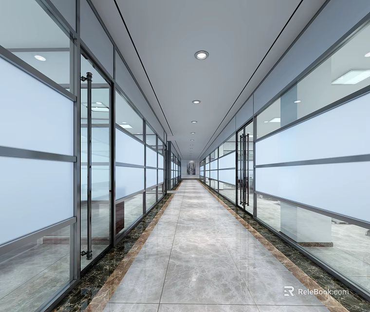 Office Corridor Interior Design With Glass Partitions Long Hallway Marble Floor And Ceiling Lights 3d model 