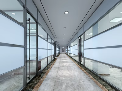 Office Corridor Interior Design With Glass Partitions Long Hallway Marble Floor And Ceiling Lights 3d model