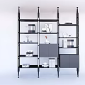 Modern Multi Tiered Bookcase With Black Frame Gray Cabinets And Decorative Items 3d model