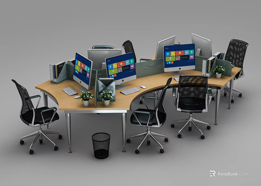 Curved Office Desk With Multiple Workstations Computer Monitors Office Chairs And Potted Plants 3d model 