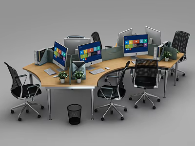Curved Office Desk With Multiple Workstations Computer Monitors Office Chairs And Potted Plants 3d model