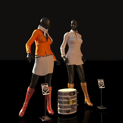 Fashion Mannequins in Orange Top White Skirt Red Boots and White Dress Gold Boots 3d model