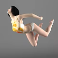 Woman In Yellow And Orange Patterned Swimsuit Performing Aerial Pose With Stretched Arms