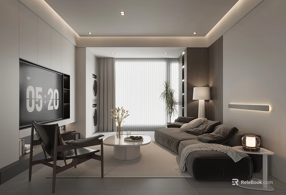 Modern Living Room with Large TV Gray Sofa Coffee Table Floor Lamp and Green Plant 3d model 