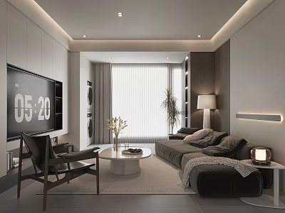 Modern Living Room with Large TV Gray Sofa Coffee Table Floor Lamp and Green Plant 3d model