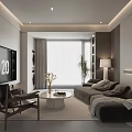 Modern Living Room with Large TV Gray Sofa Coffee Table Floor Lamp and Green Plant
